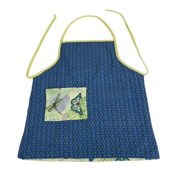 Reversible Cloth Green Blue Bib Apron Butterfly Floral Pocket Vintage? Handmade? - Picture 2 of 12